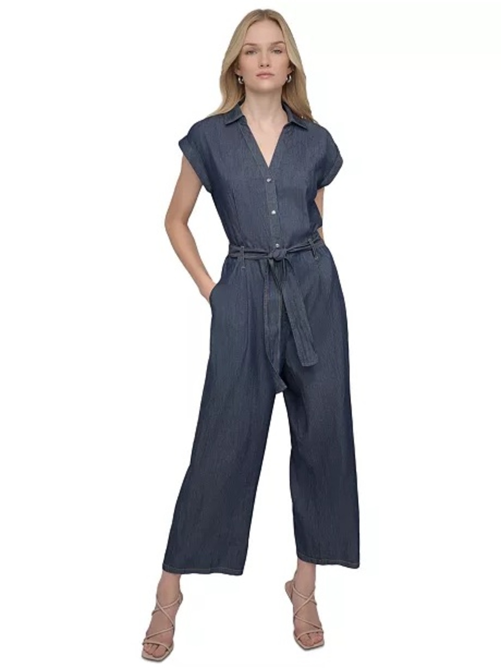 NWT DKNY Dark Wash Denim Belted Jumpsuit Size 4